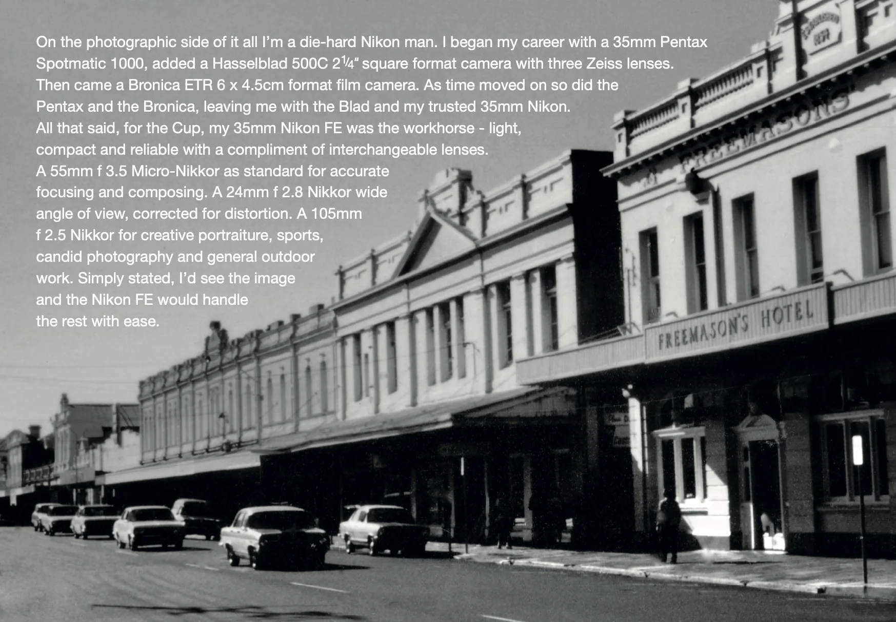 Page from the book: Graeme's notes on his camera gear over a black and white photo of South Terrace, Fremantle
